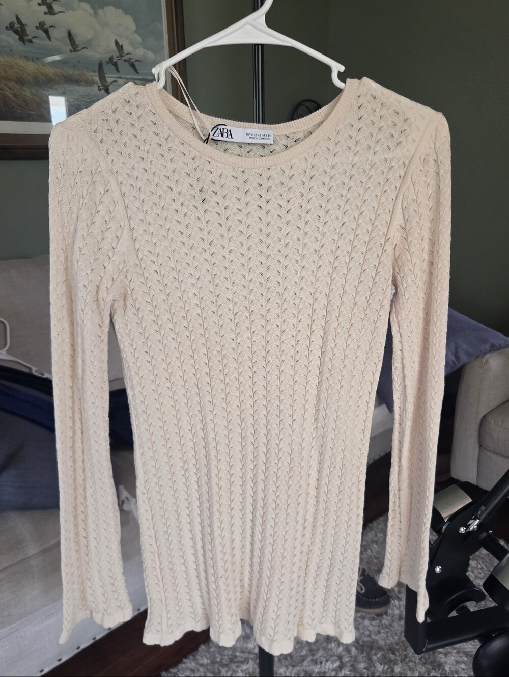 Zara Cream Open-Knit Long Sleeve Top